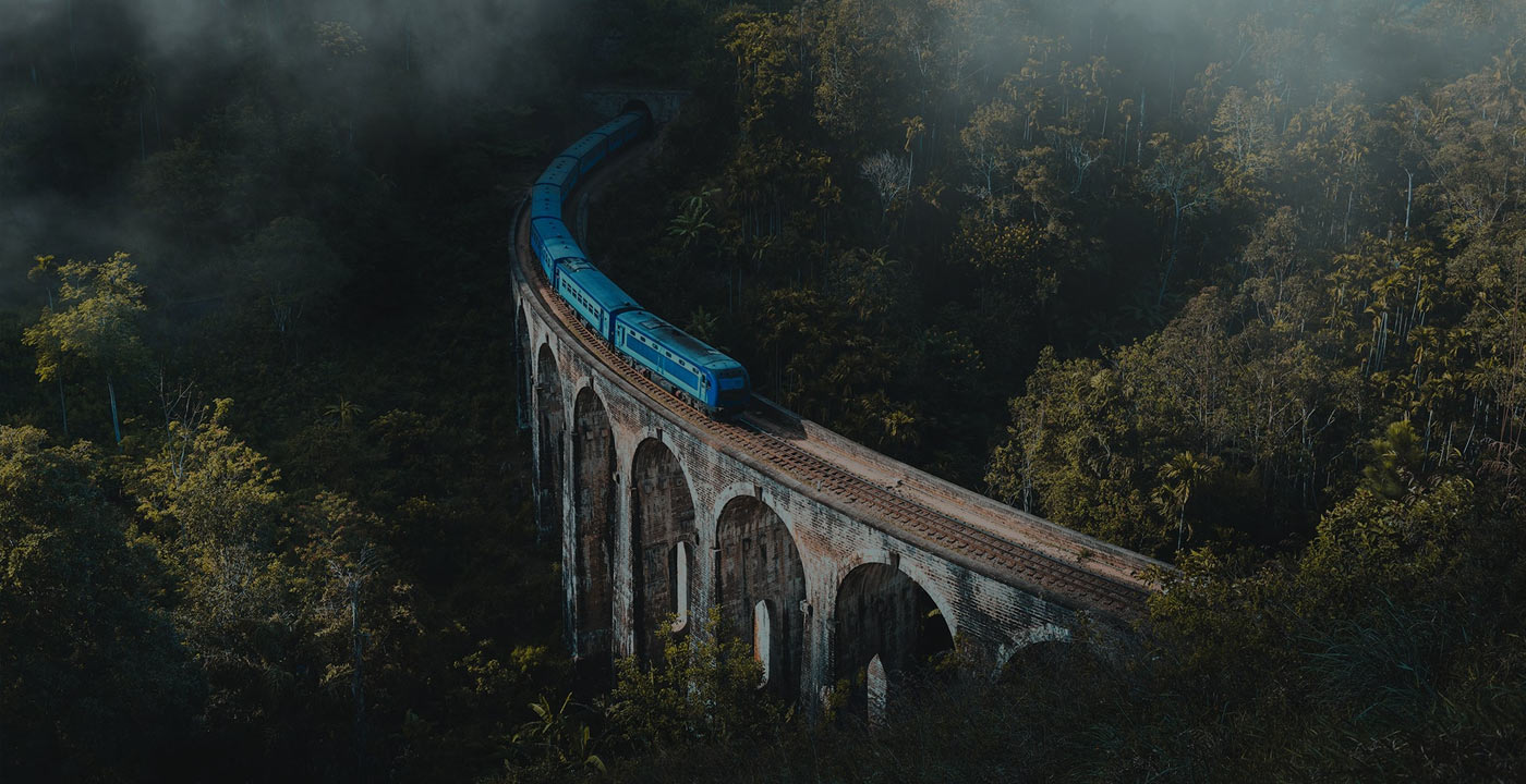 The blue train crossing the Nine Arches bridge above the jungle near Ella